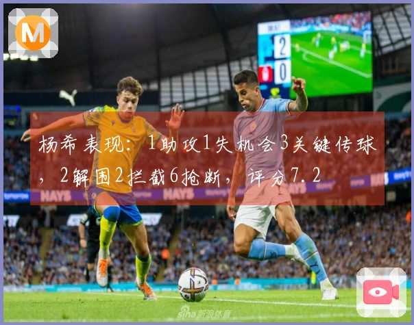 杨希表现：1助攻1失机会3关键传球，2解围2拦截6抢断，评分7.2
